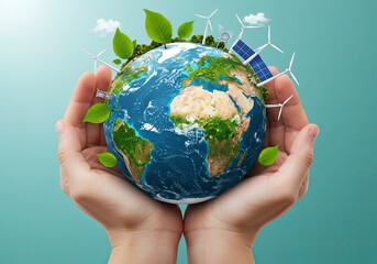 Hands Holding Earth Globe with Wind Turbines and Solar Panels, Green Leaves