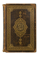 Isolated Antique Islamic Quran Book with Gold Patterns and Arabic Script