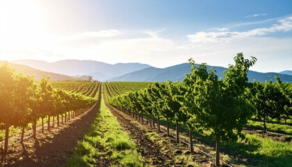 Fototapeta premium Vineyard rows stretch to distant mountains under a bright, sunny sky