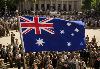 Australian Flag Over Crowd, War Era Soldiers and People in Formation at Public Event with Historic Architecture