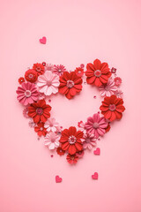 Heart shape made of red, pink, and white paper flowers on a pastel pink background, decorated with small hearts and beads, perfect for love, romance, Valentine's Day, or celebration themes.