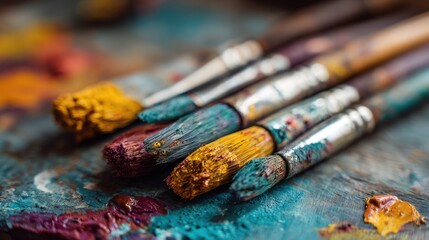 Fototapeta premium Close-up of colorful paintbrushes on a palette