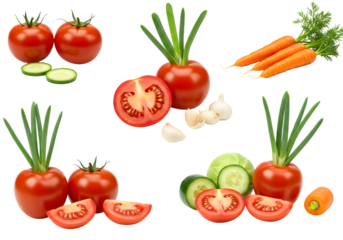 Isolated Still Life of Tomatoes Cucumbers and Carrots with Transparent Background