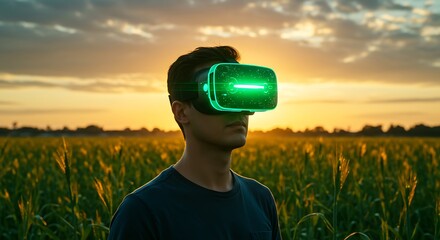 Man wearing virtual reality headset experiencing immersive technology in a serene natural landscape
