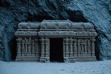 Ancient stone temple entrance, snow-covered, in a dark cave