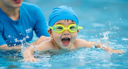 Joyful young child learning swimming in the pool with teacher and water splashes