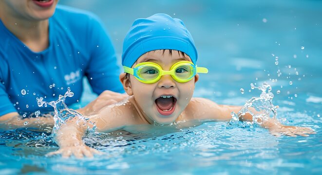 Joyful young child learning swimming in the pool with teacher and water splashes