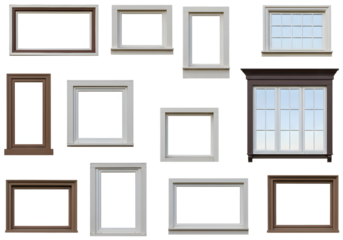 Isolated Assorted Window Frames with White Panes on Transparent Background