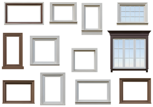 Isolated Assorted Window Frames with White Panes on Transparent Background