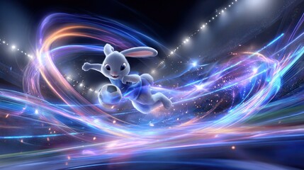 Rabbit Mascot Leaping Mid-Air Amid Swirling Stadium Lights and Glowing Abstract Shapes with Stylized Football

