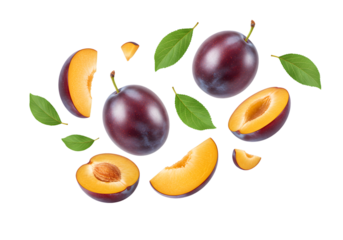 Isolated Still Life Plum Fruit and Green Leaf on Transparent Background