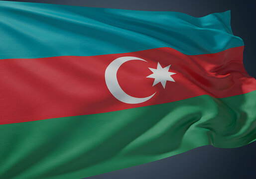 Azerbaijan Flag, Waving Azeri National Colors Sky Blue, Red, Green, Crescent Moon, Star - Patriotic Symbol