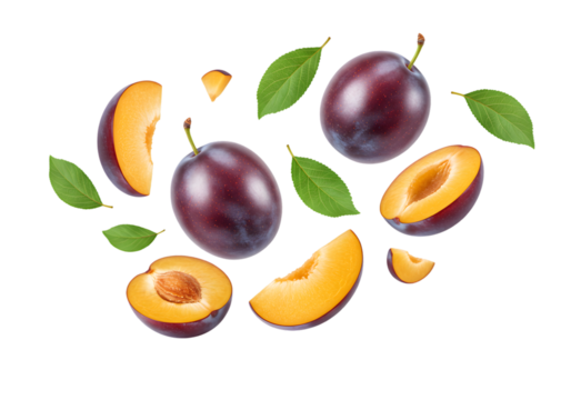 Isolated Still Life Plum Fruit and Green Leaf on Transparent Background