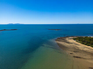 Aerial Drone View of Tropical Queensland Beach, Ocean Waves, Island Coastline and Shoreline – Scenic Coastal Landscape, Clear Blue Water, Australia Nature, Travel, Tourism, QLD