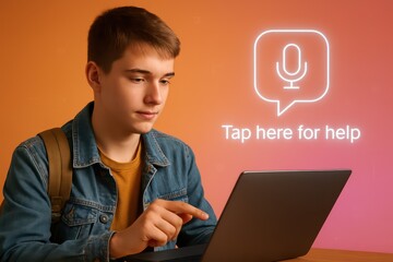 A student uses a laptop. A teenager, looking intently at the screen, is focused and engaged, interacting with an innovative virtual assistant overlay. customer support service