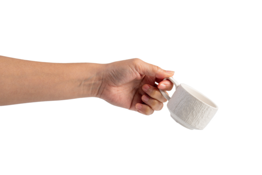 Coffee in a white cup and hand, coffee in a glass, cup on transparent background - Powered by Adobe