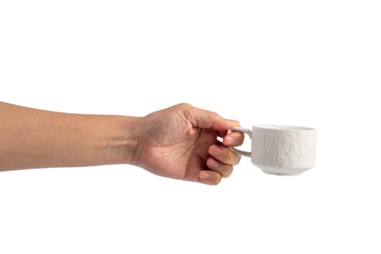 Coffee in a white cup and hand, coffee in a glass, cup on transparent background - Powered by Adobe