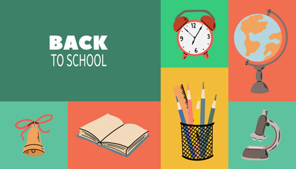 Colorful Back to School poster with school supply 