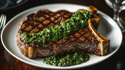 Perfectly grilled steak topped with fresh chimichurri sauce and herb garnish on white plate showcasing gourmet restaurant presentation
