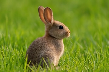 Fototapeta premium A serene moment captured as a rabbit sits quietly in the lush green grass, its large eyes reflecting curiosity and tranquility