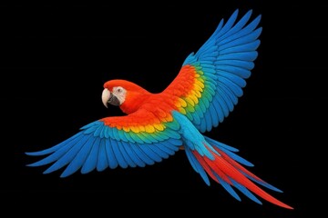 Fototapeta premium A vibrant parrot soars in mid-flight against a stark black background, its wings spread wide to display the full spectrum of colors