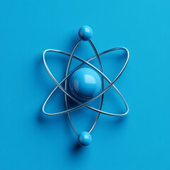 3D illustration of an atom model on a blue background.