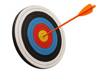 Orange arrow piercing bullseye of vibrant archery target, symbolizing precision, achievement, business goals on transparent backdrop