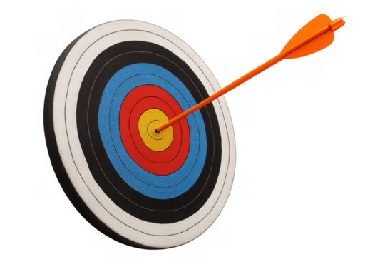 Orange arrow piercing bullseye of vibrant archery target, symbolizing precision, achievement, business goals on transparent backdrop