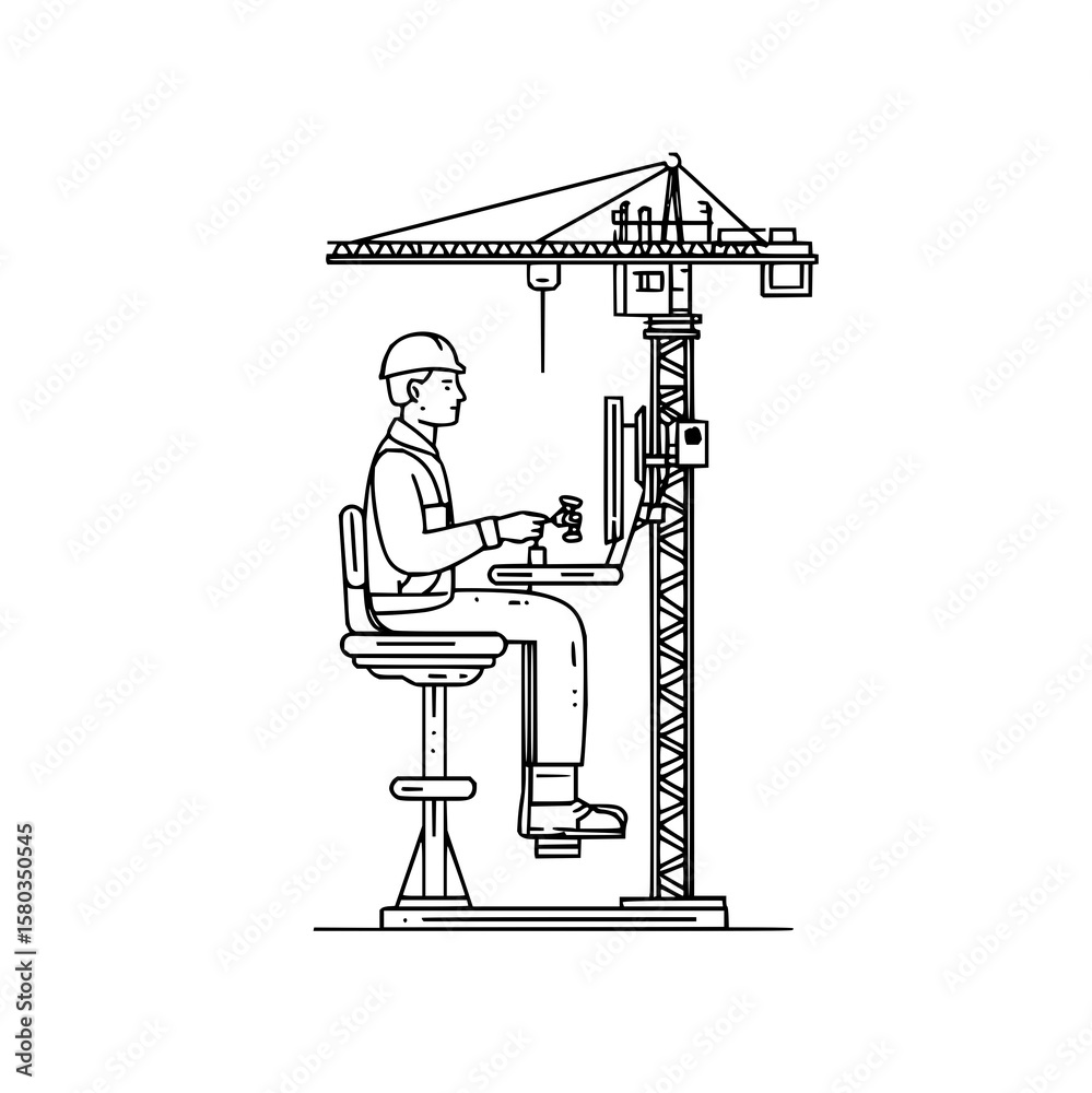 Fototapete A construction worker in a hardhat operating a crane simulator with a laptop and joystick control system