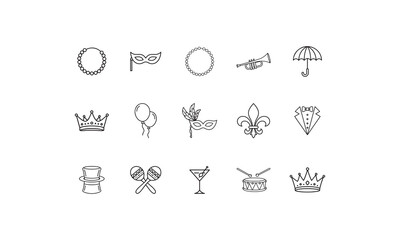 Festive celebration objects including masks beads and crowns mardi gras