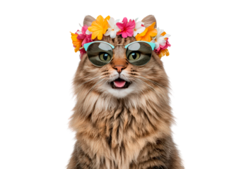 Cool fluffy cat with sunglasses and flower crown for fun summer theme on transparent background, PNG