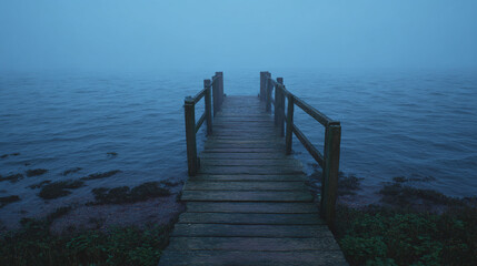 Fototapeta premium A Serene Journey Across the Foggy Pier: Embrace Tranquility Over Water in a Mystical Landscape