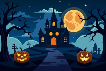 Fototapeta premium Spooky Halloween night with pumpkins, bats, and a scary castle silhouette under a full moon