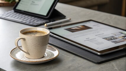 Sophisticated coffee cup beside business tablet