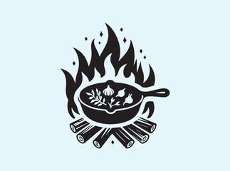 Camp kitchen concept with skillet and stylized flames