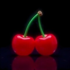 Two Cherries with Green Stems Gleaming on Black Reflective Surface