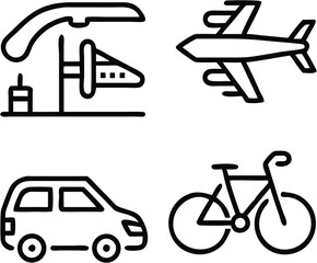 Naklejka premium Transport icon set with car, airplane, fuel station, and bicycle in minimal black line style, isolated vector illustration for business and mobility concepts