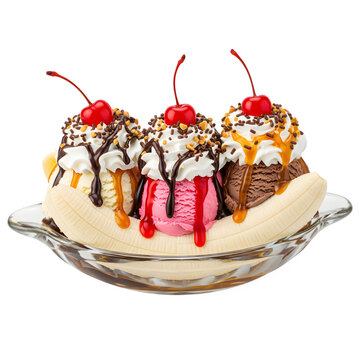 Banana split set against a white background