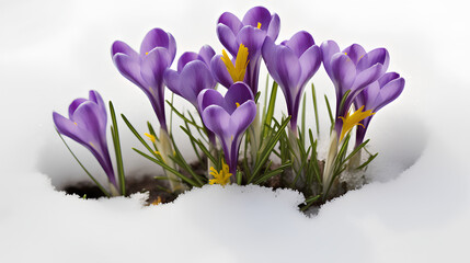Springtime new growth crocuses coming through the snow