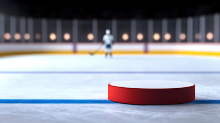 A close-up of a red hockey puck on ice with a blurred hockey player in the background inside an indoor ice hockey rink