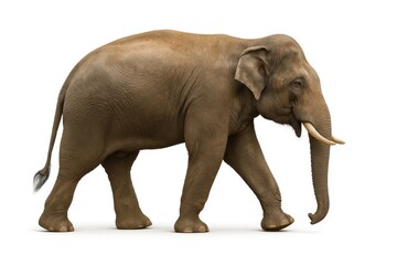 Obraz premium An elephant stands majestically on all fours against a pristine white background, its trunk extended in a gentle curve and tusks gleaming under the light