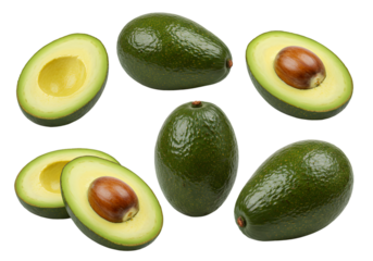 Isolated Background Many Fresh Green Avocado Fruit and Halves