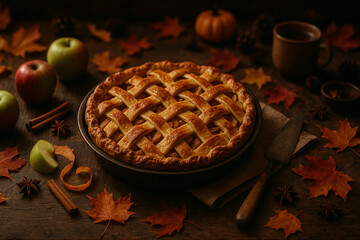 Golden Apple Pie with Lattice Crust and Autumn Decor