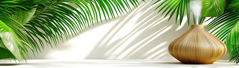 A wooden aroma diffuser amongst tropical green leafy plants displays steam