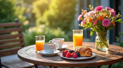 A cozy summer breakfast setup on a wooden terrace table: croissants, orange juice, fresh berries, coffee, and flowers in a vase.