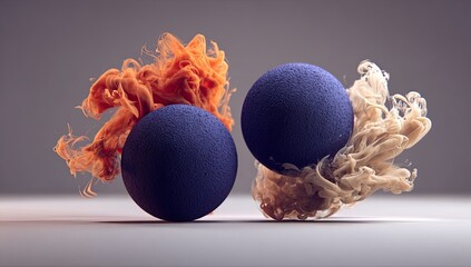 Two textured spheres, surrounded by swirling, vibrant abstract smoke in complementary colors