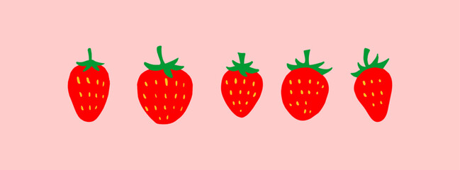 Flat vector of five strawberries in various positions, placed on soft pink background. Includes whole and sliced fruits in clean, minimalist style.