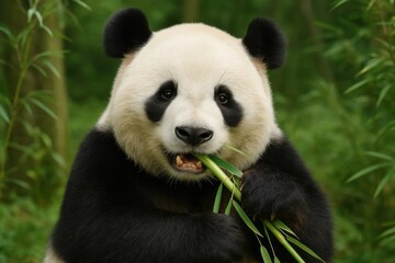 Naklejka premium A gentle panda enjoys a bamboo feast amidst the tranquil embrace of lush greenery