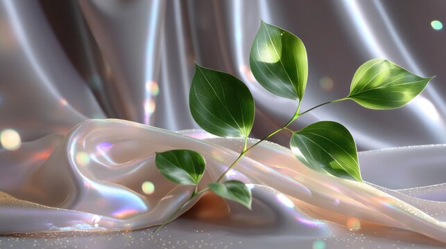 Silk spa wrap on iridescent particle surface with leaf shadows and clean futuristic glow, editorial spa concept, no branding