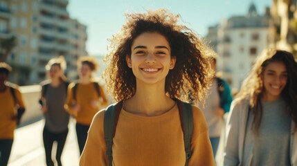 Diverse group of young people jogging together in a vibrant urban environment promoting health and active lifestyle with ample copy space